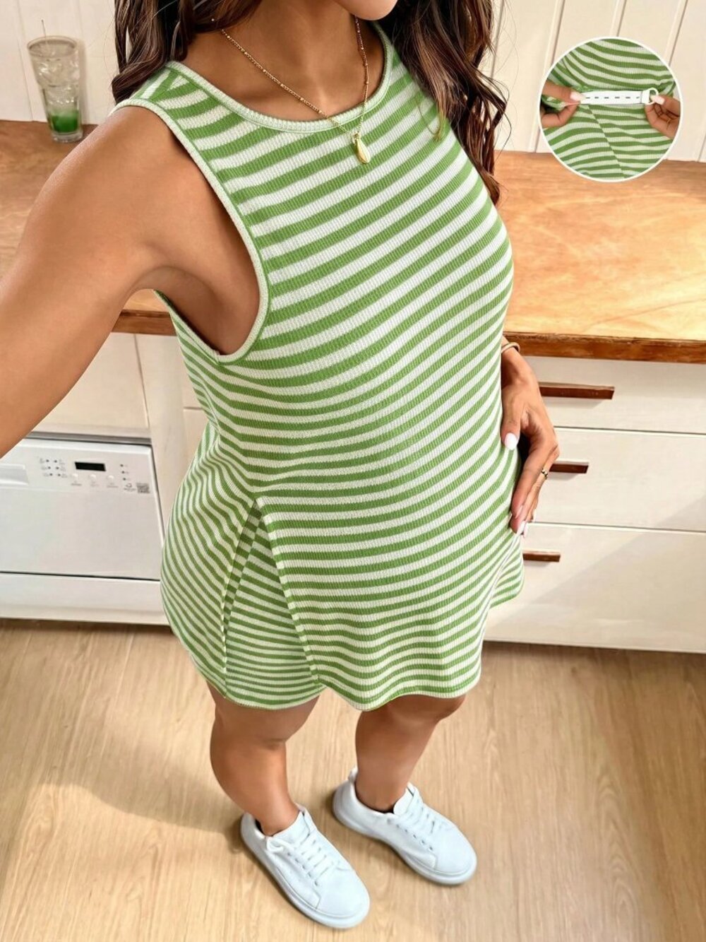 Green Striped maternity Women's Round Neck Tank Top & Adjustable Shorts Set
